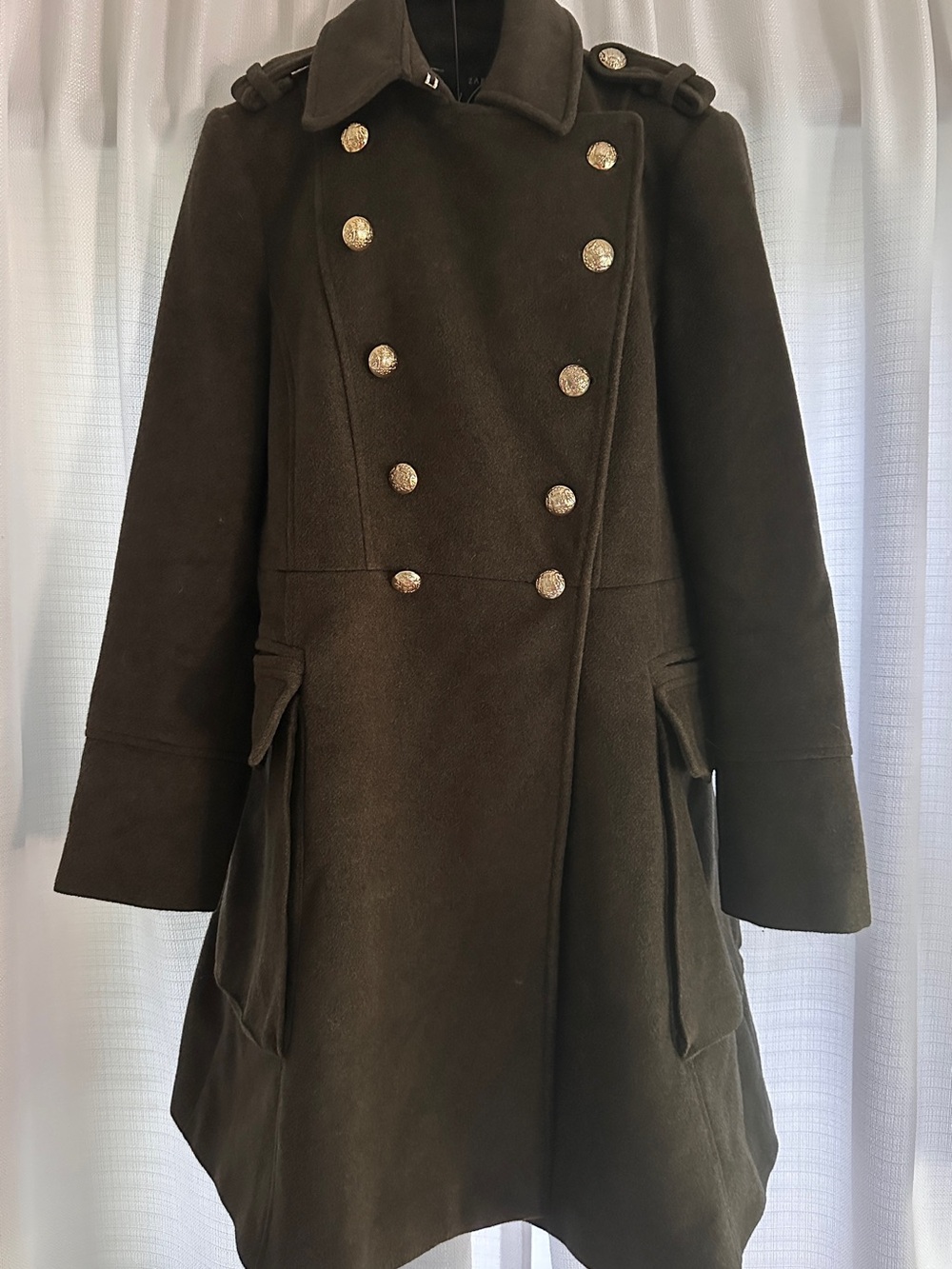 ZARA Double-Breasted Olive Wool Pea Coat - Picture 2 of 12